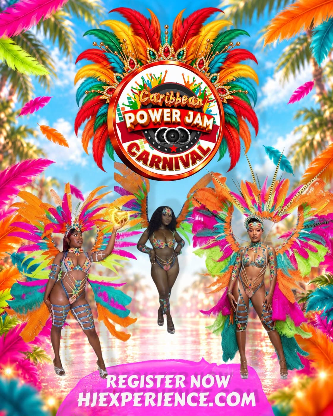 Three Royalty costumes beneath the Caribbean Power Jam Carnival mark